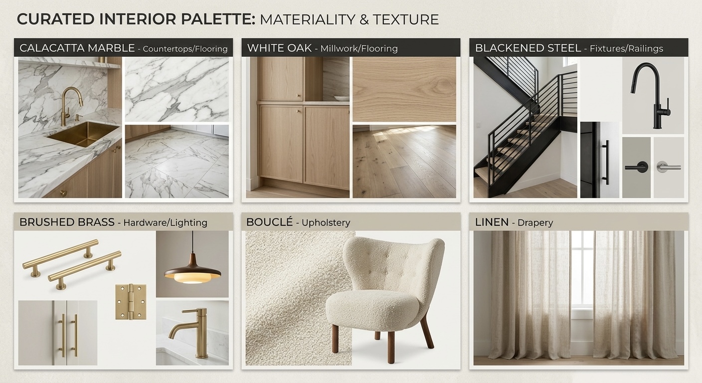 Material palette collage: Calacatta marble, white oak, blackened steel, brushed brass, and boucle linen