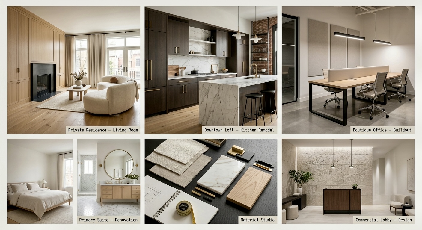 J&K Ventures project collage: private residence living room, downtown loft kitchen remodel, boutique office buildout, primary suite renovation, material studio flat lay, and commercial lobby design